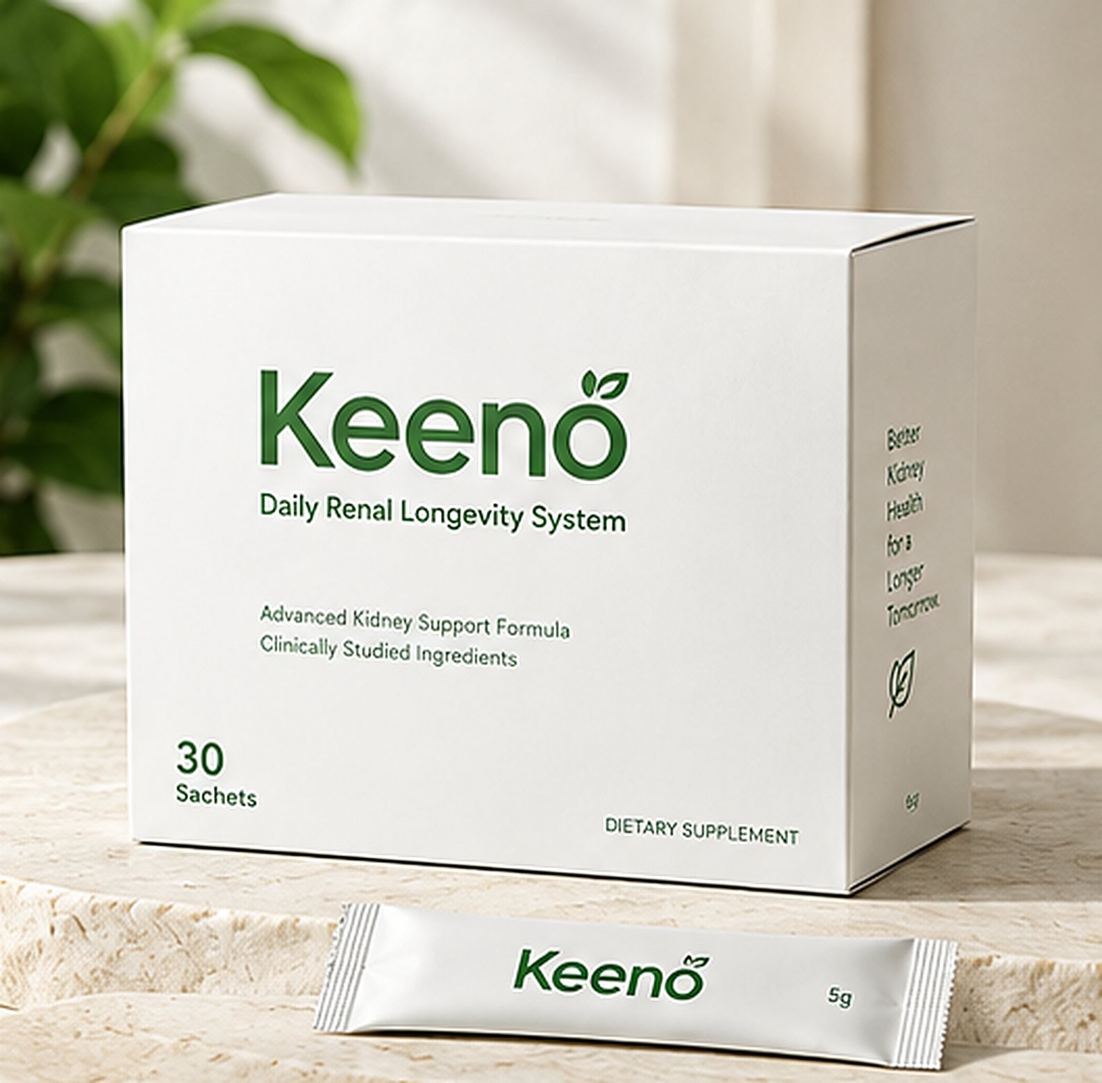 White Keeno carton and a 5 g sachet on stone. The carton reads Daily Renal Longevity System, 30 sachets.