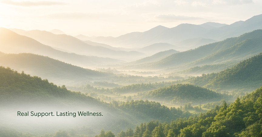 Forested mountains in morning mist.