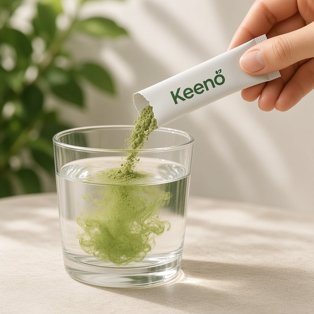 Green Keeno powder blooming in a glass of water as it is poured from the sachet.